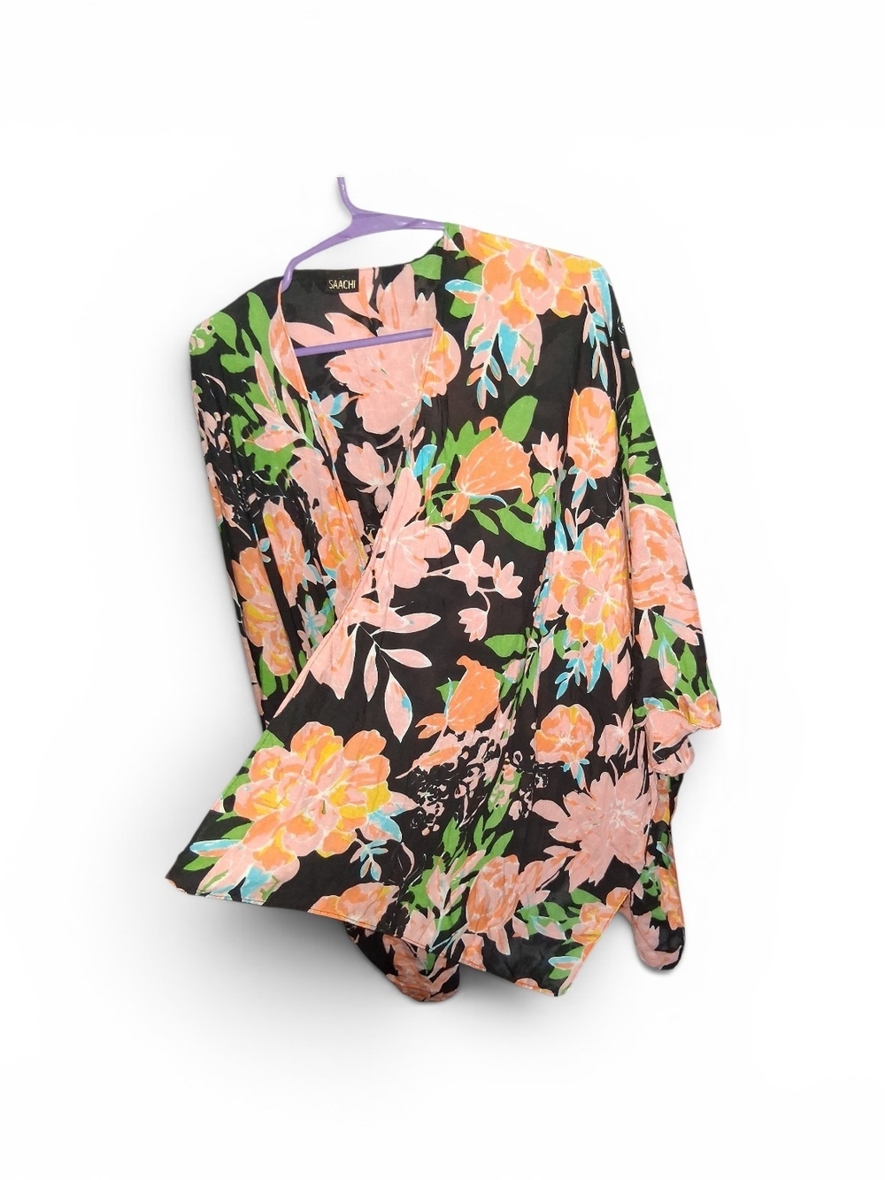 SAACHI Floral Kimono Cover-Up in Black & Peach EARRINGS INCLUDED